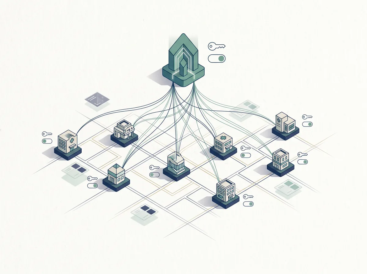 Abstract multi-site network — a central hub linked to clinic nodes with role and marketplace motifs