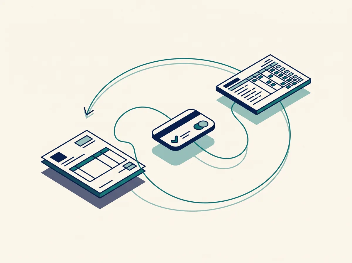 Abstract billing and payments — invoice flowing to a payment card and a reconciliation ledger in a closing loop