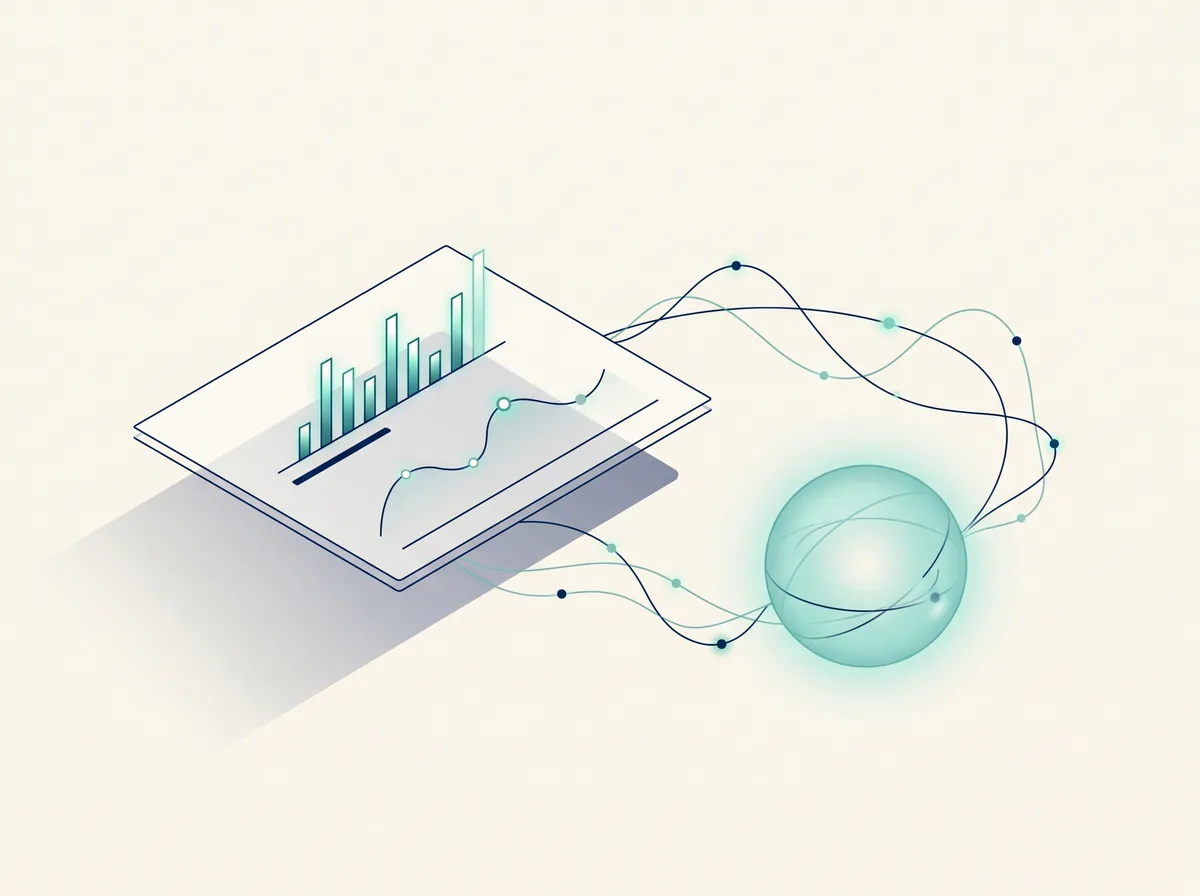 Abstract analytics and assistant — minimal dashboard charts beside a glowing conversational node