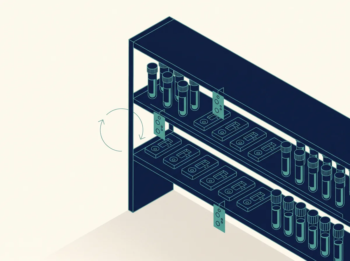 Abstract inventory — isometric shelves of reagent vials and cartridges with lot and expiry tags
