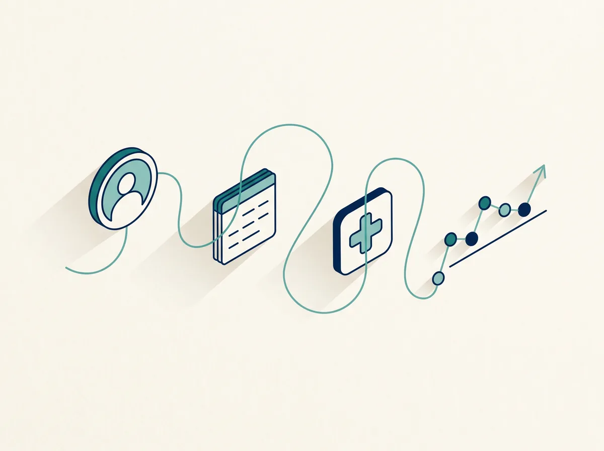 Abstract patient journey — registration, appointment, encounter and results along one teal thread
