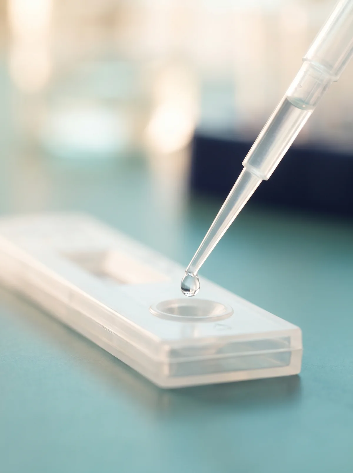A precision pipette dispensing a sample onto a point-of-care test cartridge
