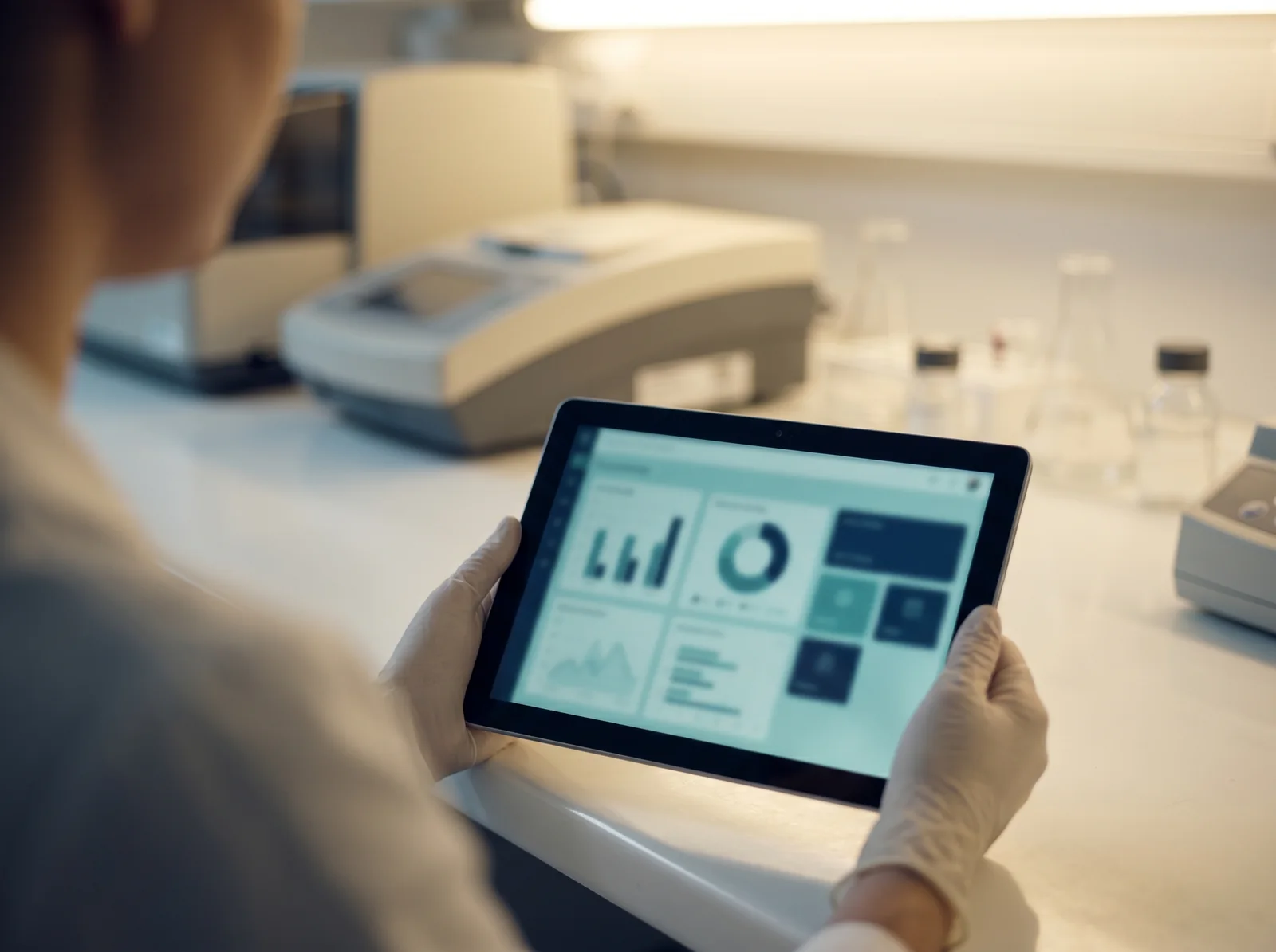 A clinician reviewing the Catenix dashboard on a tablet at the bench
